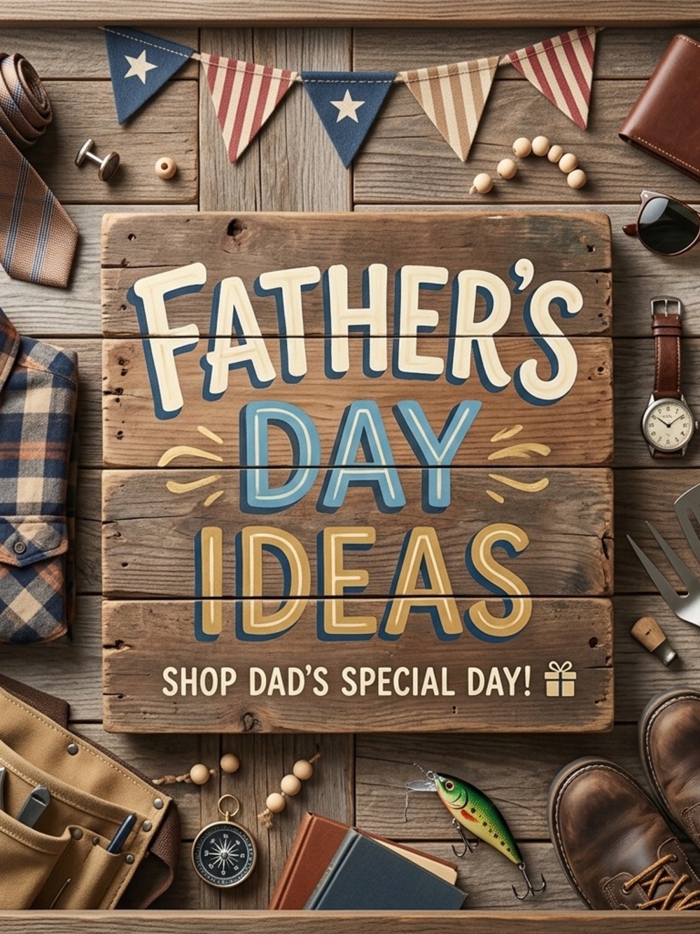 Father's Day Ideas Rustic Wood Sign — Blue & Gold Lettering